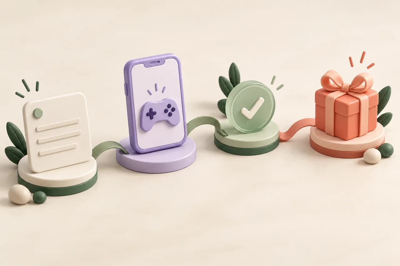 Four illustrative checkpoints showing an activity, a phone, confirmation and a reward.