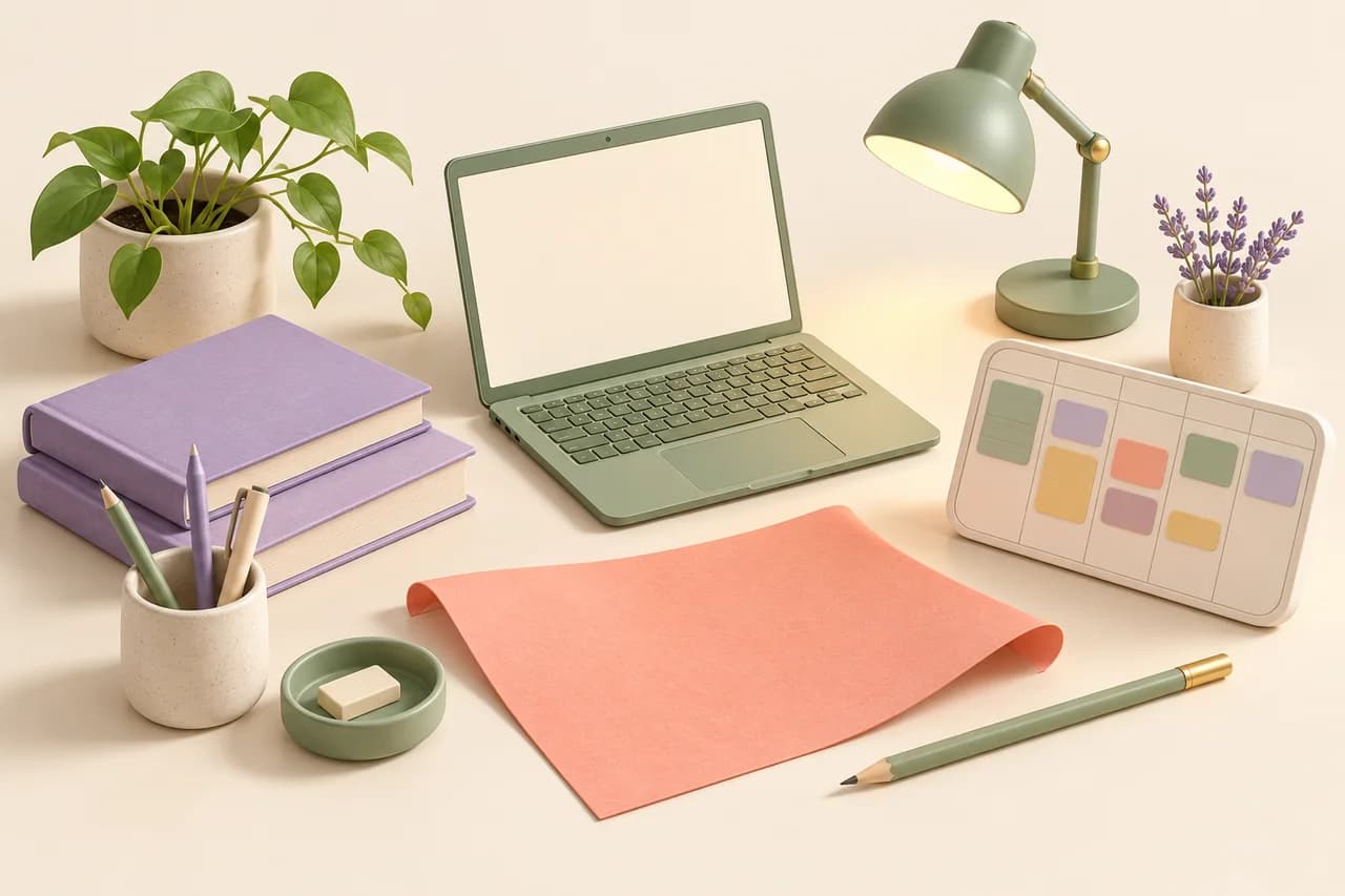 A miniature study desk with books, a laptop and a planning board.